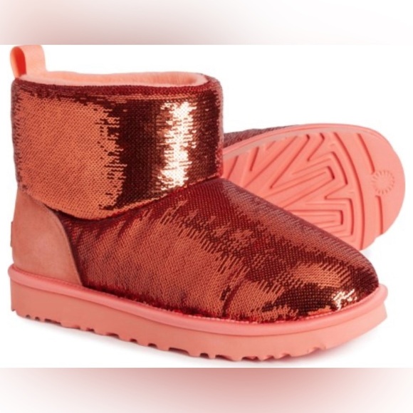 UGG CLASSIC MINI MIRROR‎ BALL STARFISH PINK SEQUIN SUEDE WOMEN'S BOOTS 7 - Picture 1 of 12